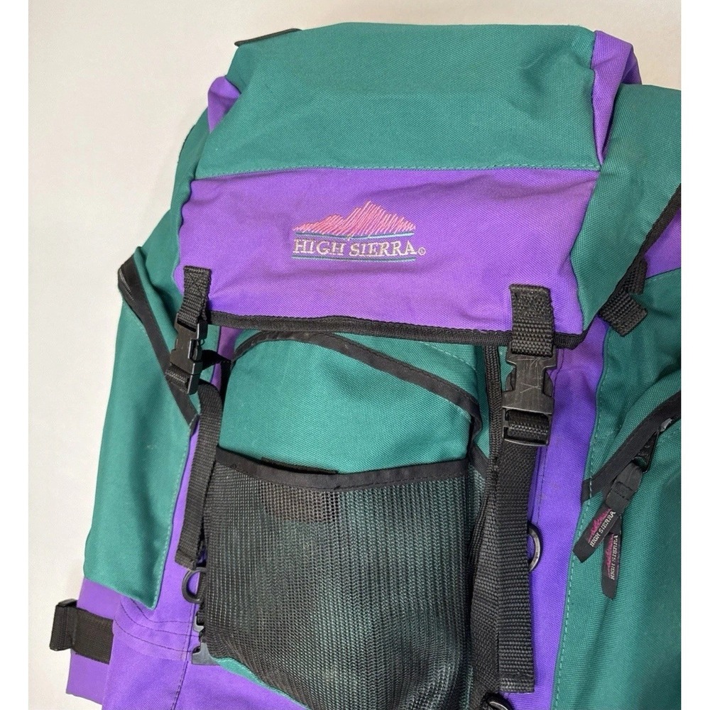 Vintage High Sierra Hiking Backpack Green Purple Nylon Hip Belt Harness